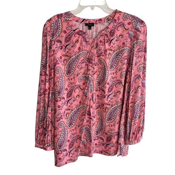 Talbots Band Collar Popover Top Plus 2Xp Pink Dancing Paisley Long Sleeve Blouse - Picture 2 of 16